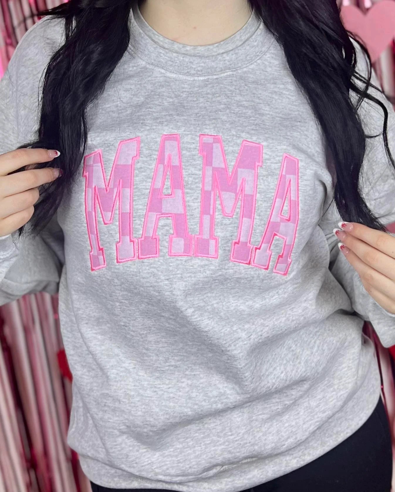 Mama Pink Check Embroidered Crewneck