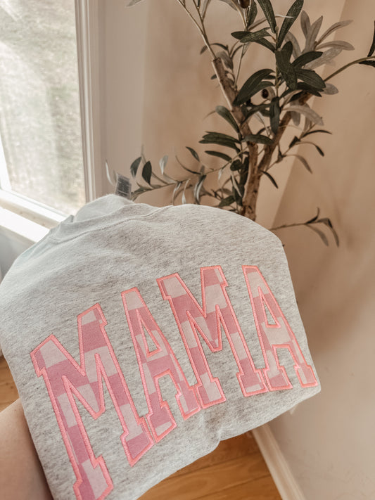 Mama Pink Check Embroidered Crewneck